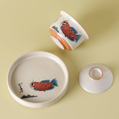 溫潤米黃 古風鯉魚金玉滿堂汝窯功夫茶具3