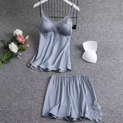 法式夏季薄款仿真絲家居服 輕奢緞面蕾絲吊帶短褲套裝2