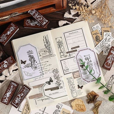手帳控必收的高顏值禮物款 復古花卉櫸木木質印章 · 八枚套裝5