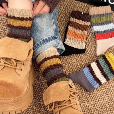 韓系復古配色堆堆襪中筒襪 5雙組4