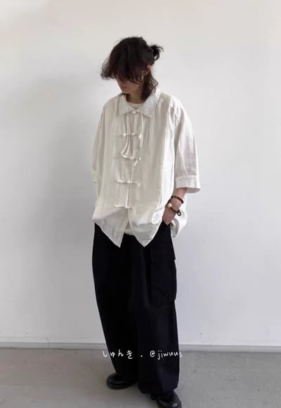 夏季新中式復古盤扣襯衫 純色寬鬆唐裝 男女國風短袖上衣5