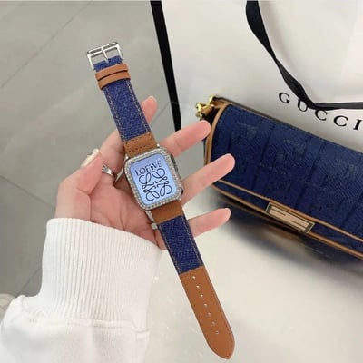 真皮牛仔深藍拚棕皮 apple watch錶帶   現貨免運2