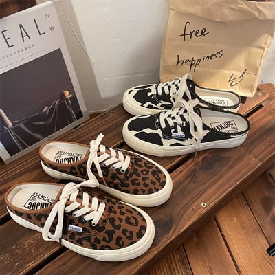 小眾半拖帆布鞋 豹紋 奶牛紋  懶人必備懶人鞋 一腳蹬鞋1