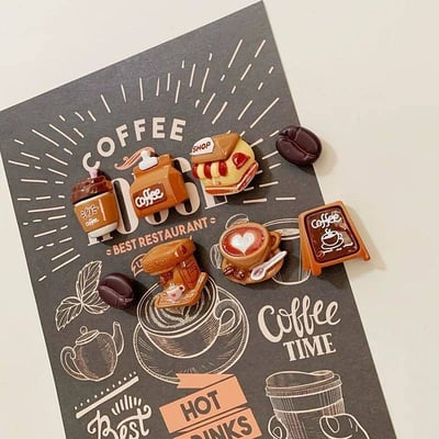 微型咖啡時光磁貼組 迷你咖啡館造型冰箱貼 6入組再加贈6個1
