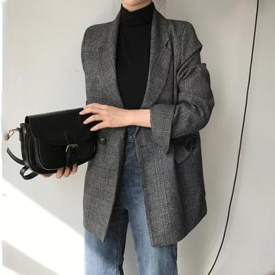 韓系復古雙排扣格紋西裝外套6