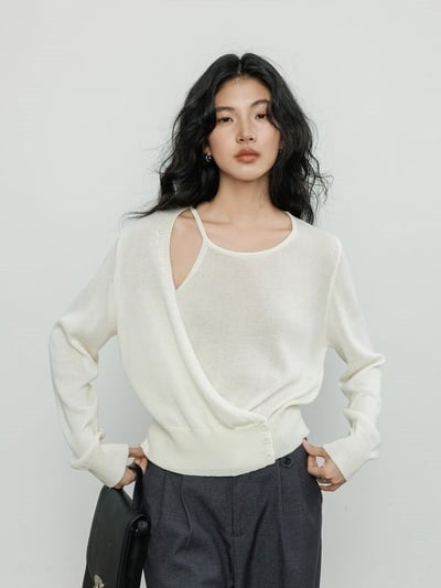秋季新款極簡風寬鬆長袖上衣 解構設計針織衫1