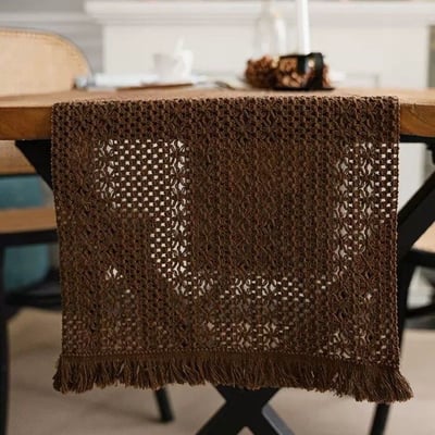 美拉德風編織桌旗棉麻質感流蘇桌布5