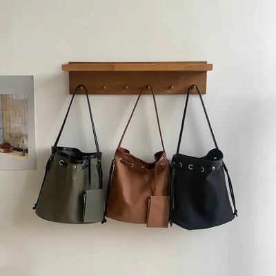 韓系ins抽繩水桶包 大容量帆布單肩包 通勤必備1