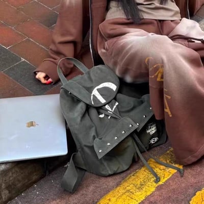 韓系百搭大容量後背包 手感帆布鉚釘原創設計抽繩包2