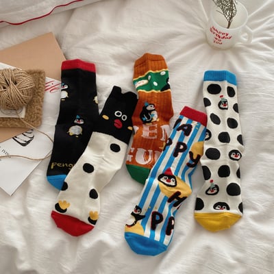 日版快樂企鵝情侶襪中筒襪5雙組1