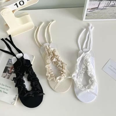 日系蕾絲綁帶蝴蝶結船襪1