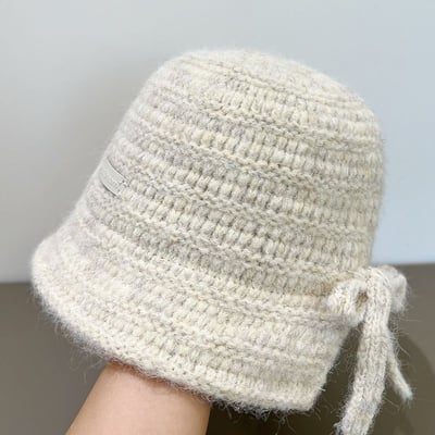 冬日質感系 日系蝴蝶結毛線水桶帽5