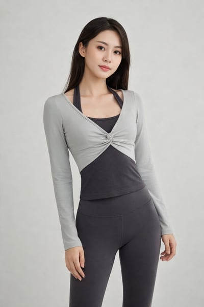 氣質撞色假兩件掛脖 修身顯瘦長袖運動T恤1