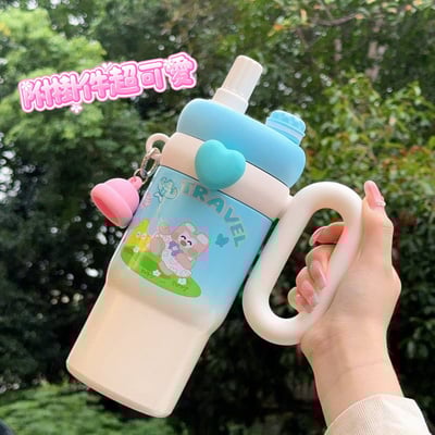Ins風可愛兔卡通不鏽鋼保溫杯 超萌大容量帶手把吸管杯2