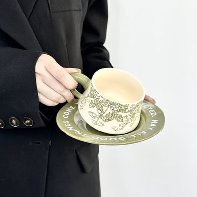 生日禮物 綠色鈴蘭花高級感咖啡杯套裝4