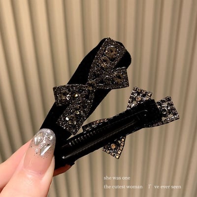 韓系輕奢絲絨髮夾組 買一套送一套 黑金高級感水鑽蝴蝶結髮飾套組4