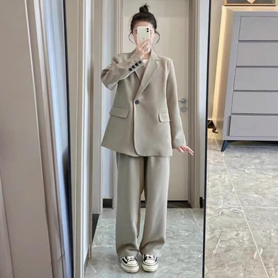 韓系春秋季老錢風 灰色寬鬆西裝兩件套裝5