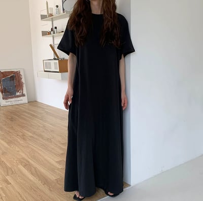 韓系慵懶風圓領寬鬆長版T恤洋裝6