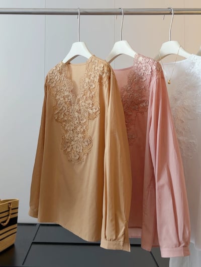 精緻重工蕾絲刺繡拼接V領長袖襯衫4