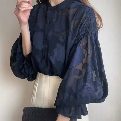 日系透膚花朵襯衫 立體兩面穿泡泡袖雪紡上衣2