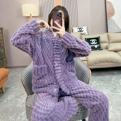 冬季長袖紫色珊瑚絨居家睡衣套裝1