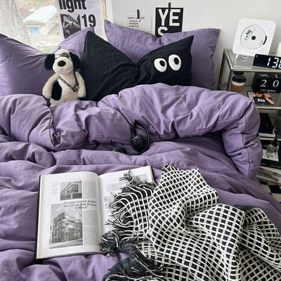 簡約純色 大眼睛水洗棉四件床包組3