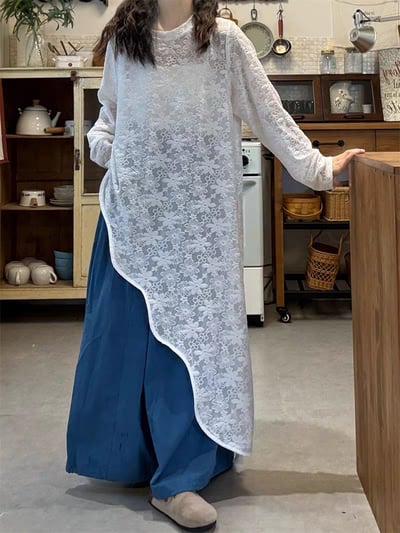 日系復古感不規則下擺蕾絲上衣5