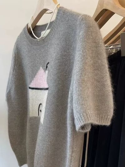 溫柔感爆棚！小屋插畫短袖針織毛衣5