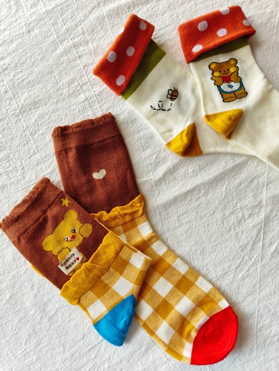 黃油小熊波點滾邊邊綿襪組3入7