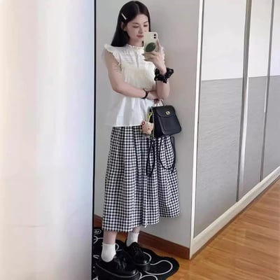 輕熟鹽系格子花苞裙2