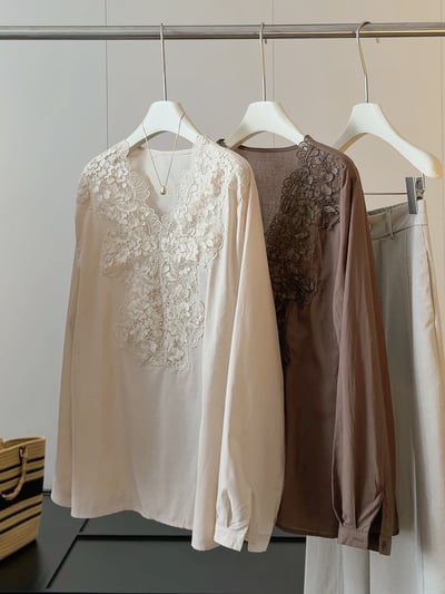 精緻重工蕾絲刺繡拼接V領長袖襯衫1