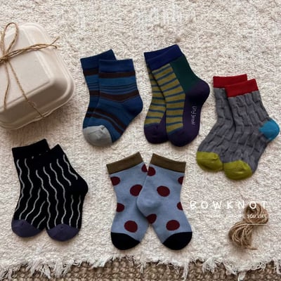 秋冬兒童拼色趣味中筒襪 男童波點條紋款5雙組4