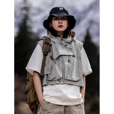 山系機能連帽短款背心 日系戶外多口袋坎肩・男女同款情侶背心2