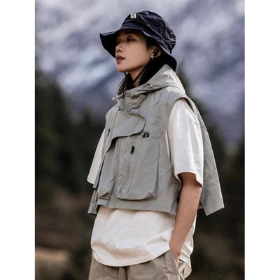 山系機能連帽短款背心 日系戶外多口袋坎肩・男女同款情侶背心3