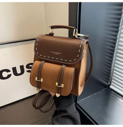 優質歐美款復古撞色設計雙肩包 質感PU百搭小書包風背包2