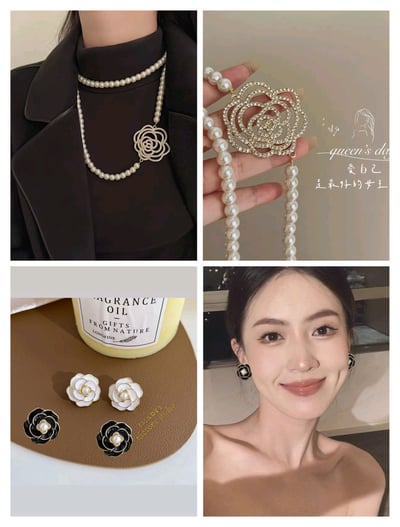 女王專屬  溫柔法式復古金屬鑲鑽玫瑰珍珠項鍊 加氣質珍珠山茶花耳環套組1