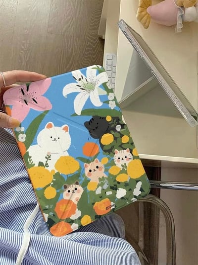 油畫貓 小貓與花朵油畫風iPad平板保護殼2