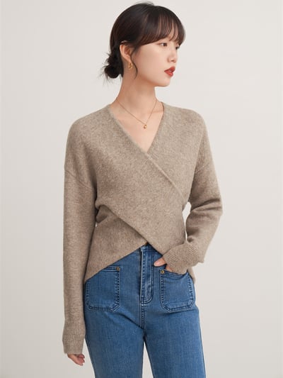 法式交叉V領顯瘦針織上衣3