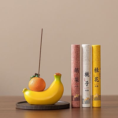 桌上有橙蕉  賣貨都成交 香蕉橘子造型線香座 中式茶桌擺件 附木製底盤6