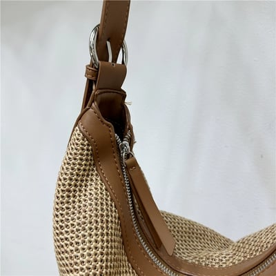 夏季拼接草編包 時尚通勤月牙單肩斜背包7