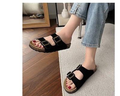 復古磨砂一字帶休閒平底拖鞋 勃肯鞋 有大尺碼  可當情侶鞋2