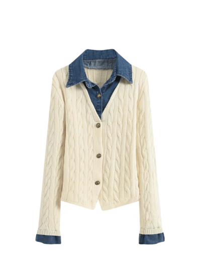 歐貨牛仔拼接針織衫 假兩件設計・秋冬高級氣質開襟上衣2