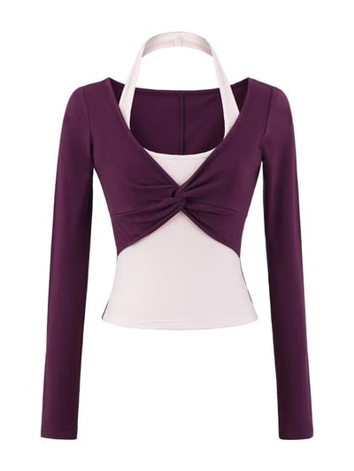 氣質撞色假兩件掛脖 修身顯瘦長袖運動T恤3