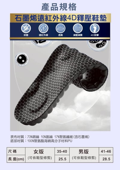 【Hilton 希爾頓】石墨烯遠紅外線4D釋壓鞋墊(矯正足弓/加厚支撐10