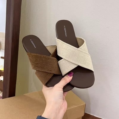 夏季新款交叉帶亞麻平底拖鞋5