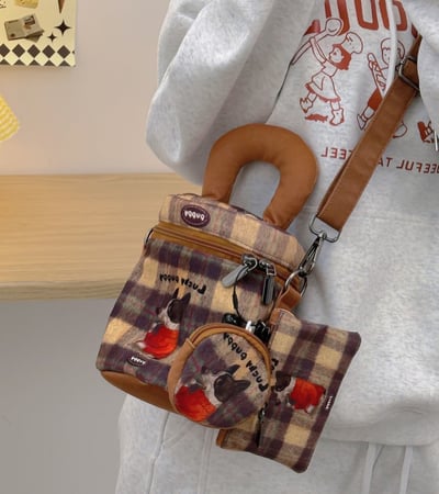 甜美可愛水桶包 卡通插畫斜背手機包手提斜挎兩用＋零錢包7