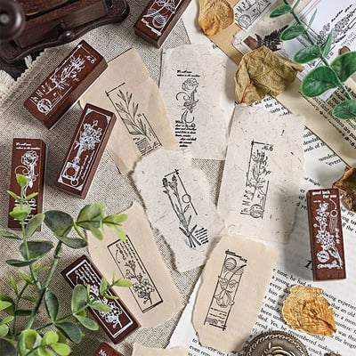 手帳控必收的高顏值禮物款 復古花卉櫸木木質印章 · 八枚套裝4