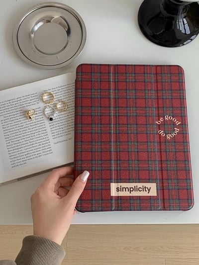 Be good 紅格紋三折式潑墨愛心iPad平版保護套1