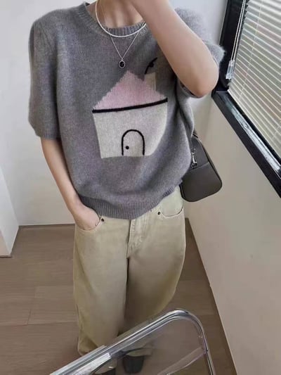 溫柔感爆棚！小屋插畫短袖針織毛衣1