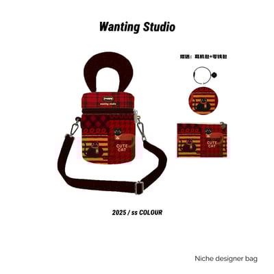 甜美可愛水桶包 卡通插畫斜背手機包手提斜挎兩用＋零錢包13